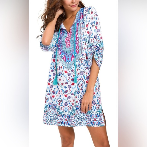 Women Bohemian Neck Tie Vintage Printed Ethnic Style Summer Shift Dress - Picture 5 of 7